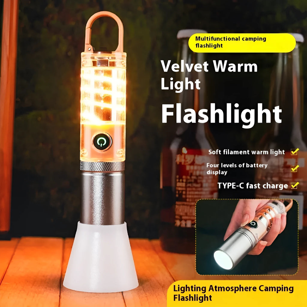 Orange and beige dual light source multifunctional flashlight with keychain attachment