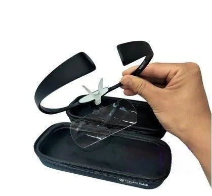 TR90 plastic head-mounted magnifying glass with large acrylic lenses, shown on a head or with adjustable nose pad detail.