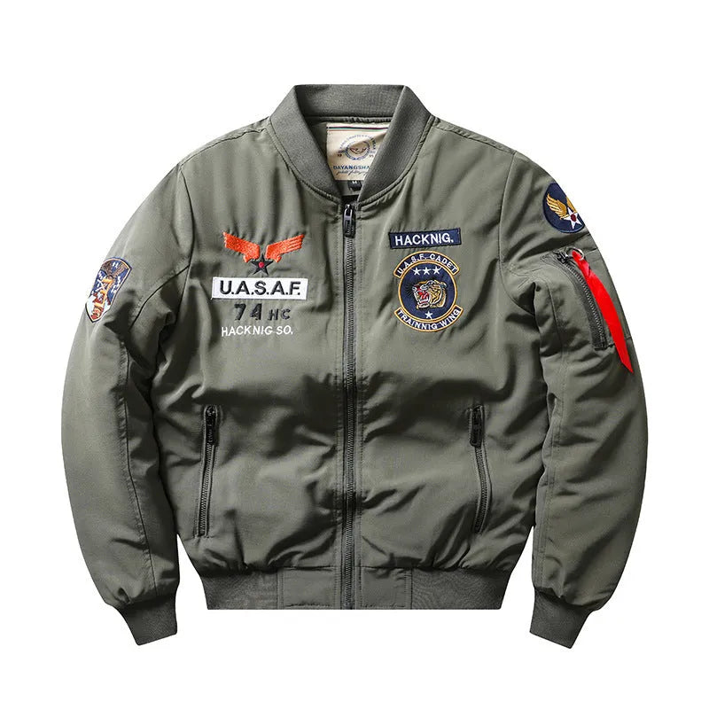 Men's blue retro Harley Davidson motorcycle coat with embroidered patches and stand collar