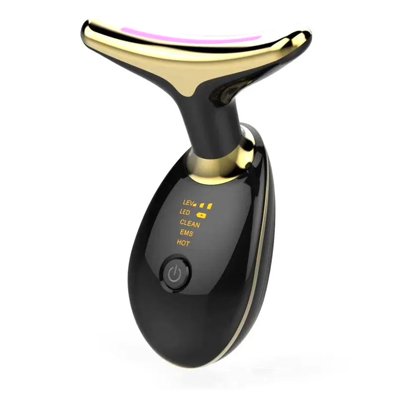 EMS thermal neck lifting massager device with LED lights on, shown on skin.