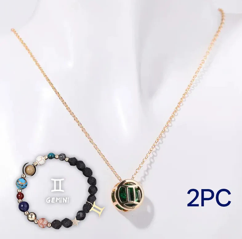 Natural stone beaded necklace and matching bracelet set on a neutral background.