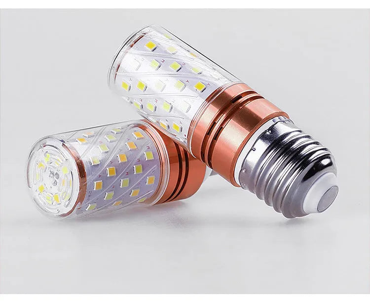 E14 screw cap corn cob LED light bulb with 60 small white LEDs visible, showing three colour temperature options.