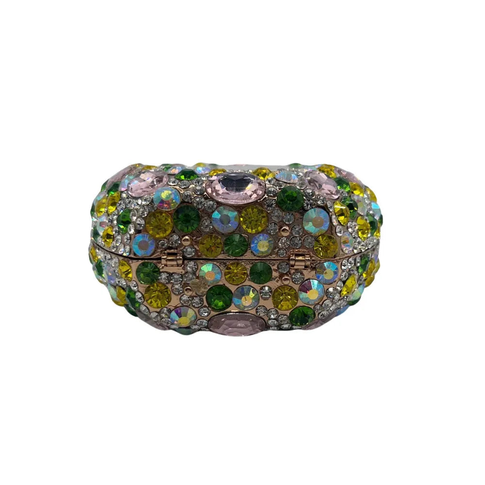 Women's structured clutch bag with diamond embellishment in metallic gold finish