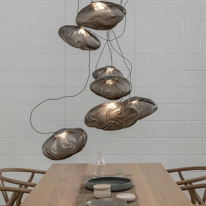Modern fabric chandelier with glass shade in amber, clear or smoke grey colour options