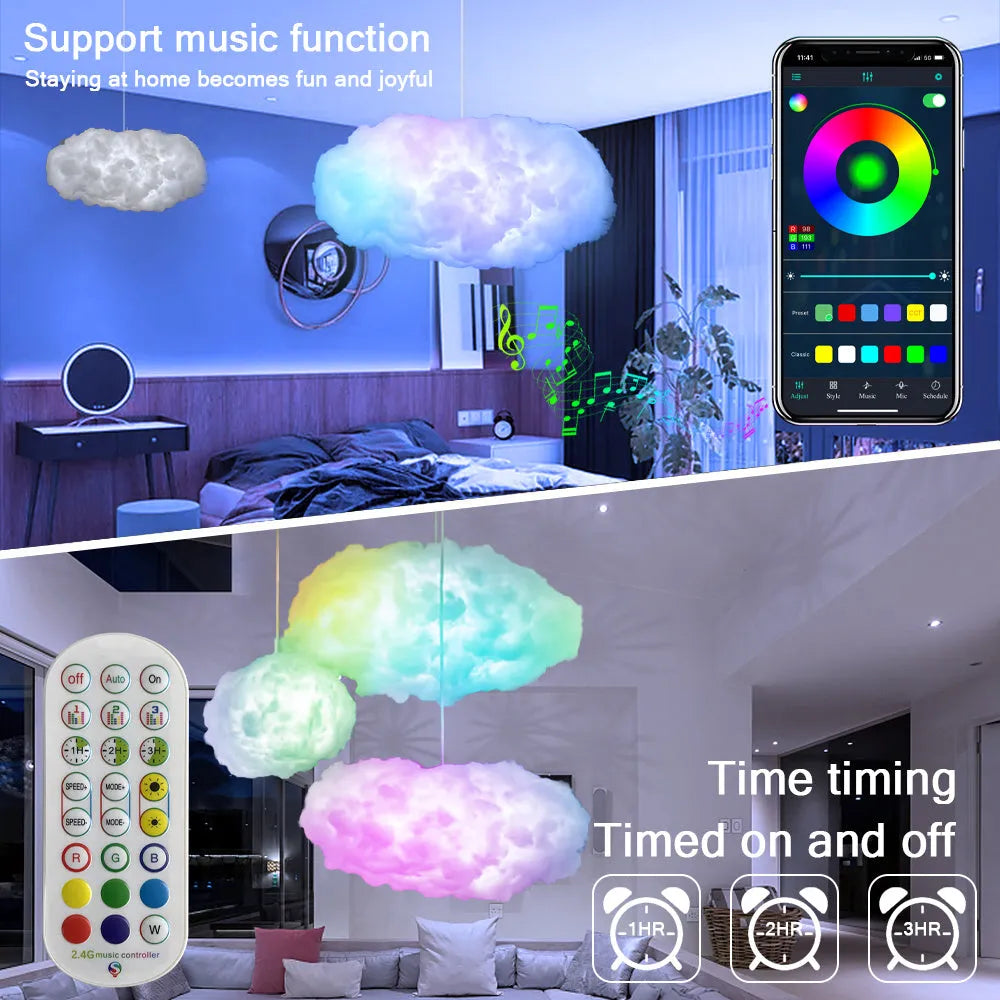 White fabric cloud-shaped LED pendant lamp with colourful lighting effects