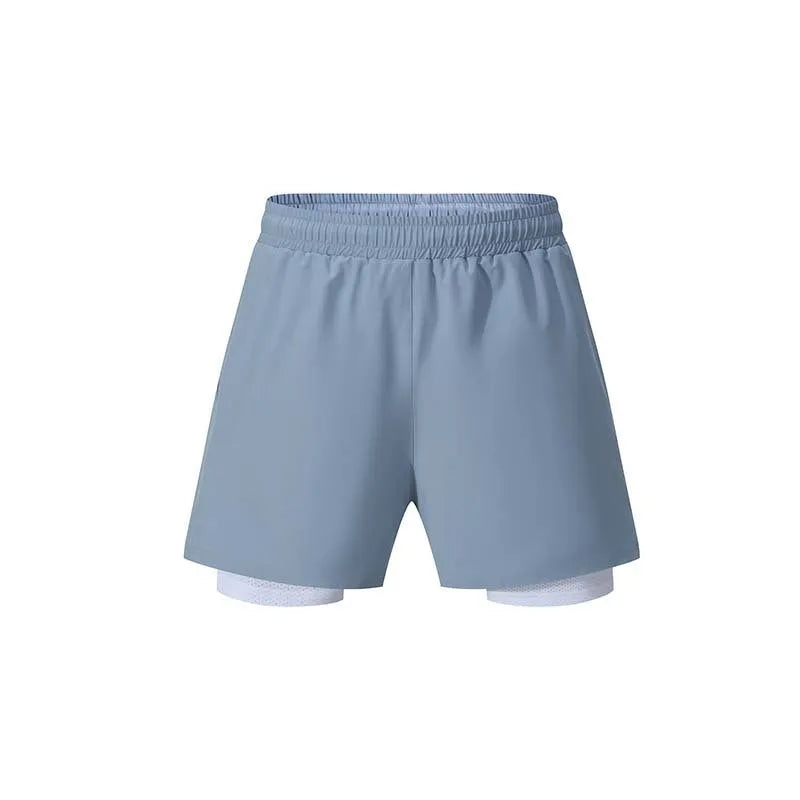 Men's double-layer sports shorts in black, dark grey, or light blue with quick-drying lining and high elastic waist