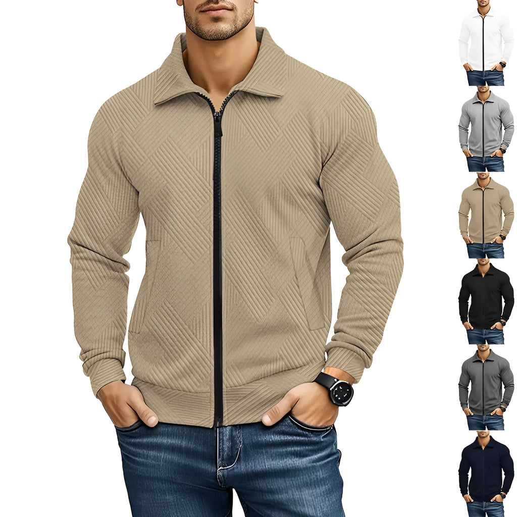 Men's solid colour cotton blend British style jacket with turn-down collar on a hanger.