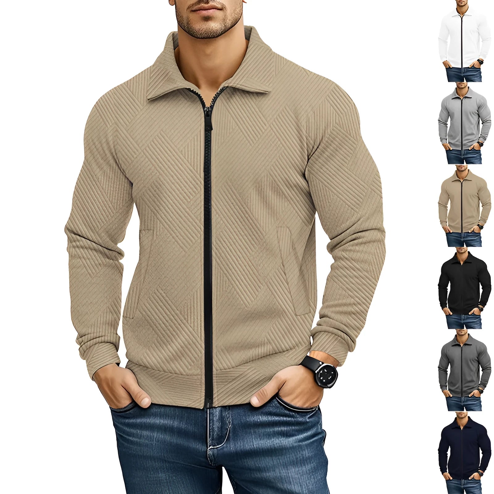 Men's solid colour cotton blend British style jacket with turn-down collar on a hanger.