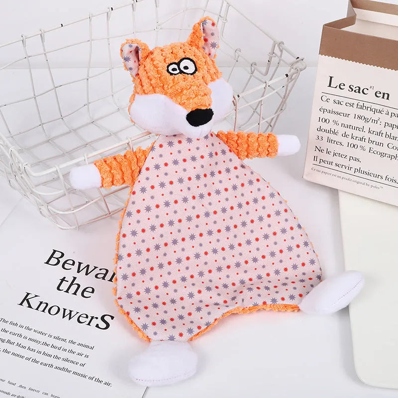 Brown, gray and orange plush pet toys in fox and elephant shapes with velvet texture