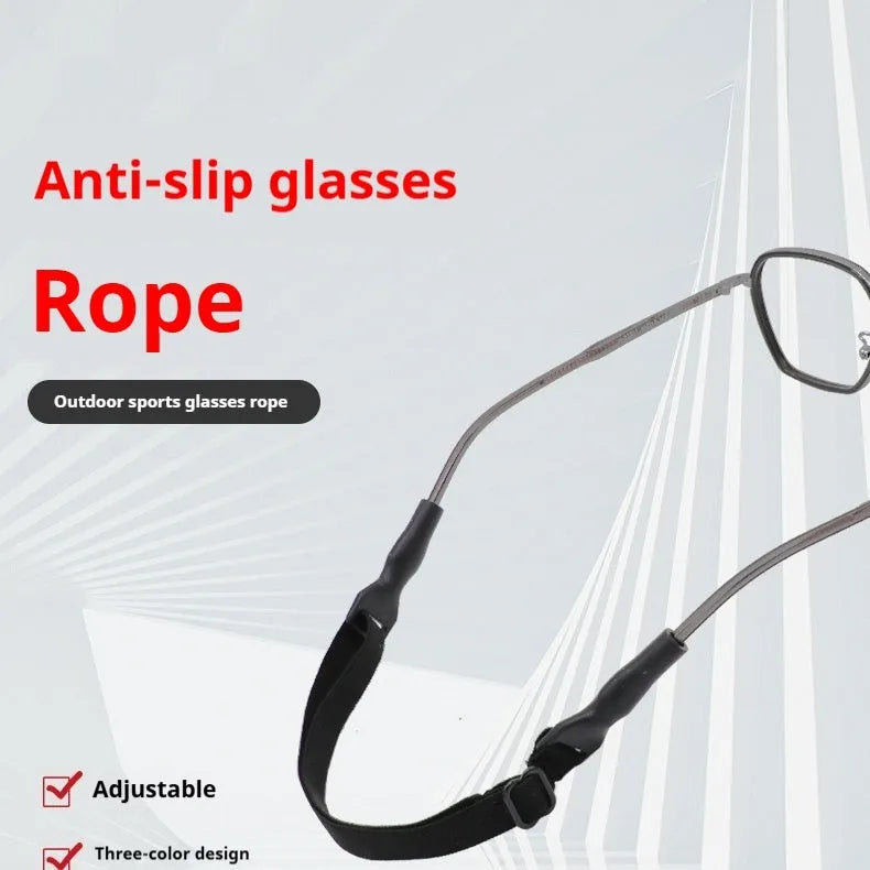 Black adjustable glasses cord with silicone ends and fibre rope for securing spectacles