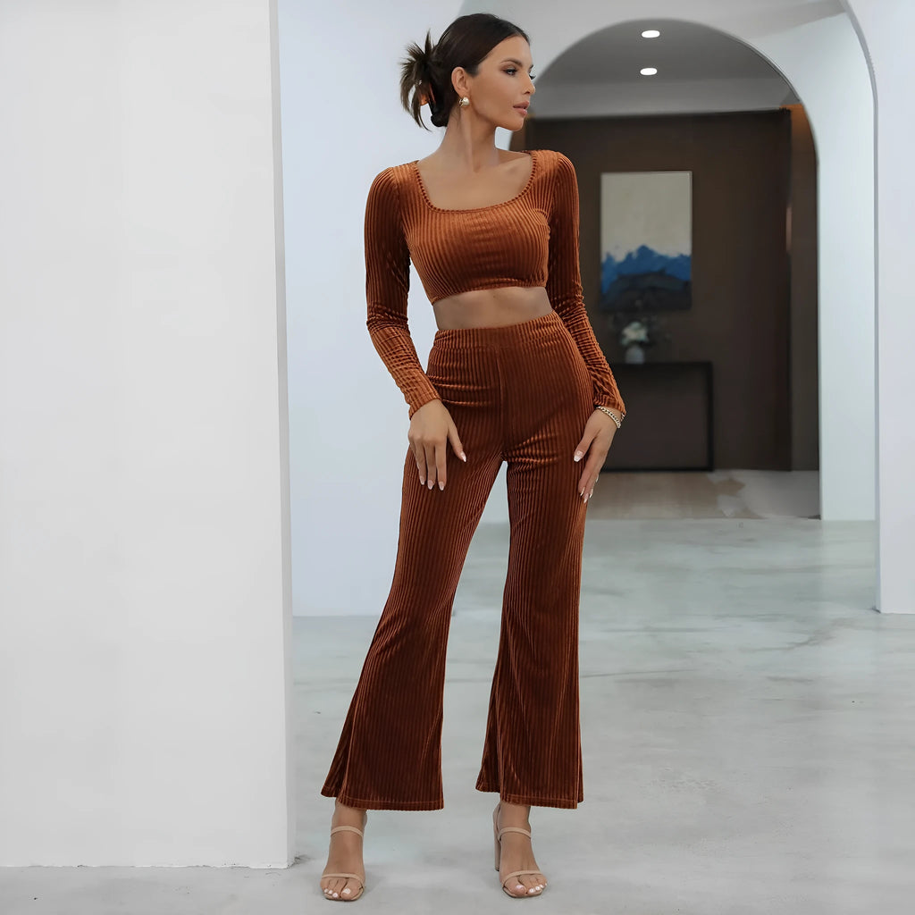 Caramel coloured long sleeve sweater set with top and pants in polyester spandex fabric