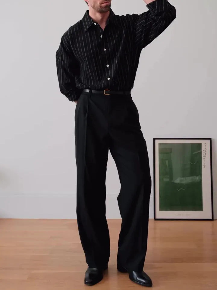 Black pinstriped button-down polyester shirt with regular fit on mannequin