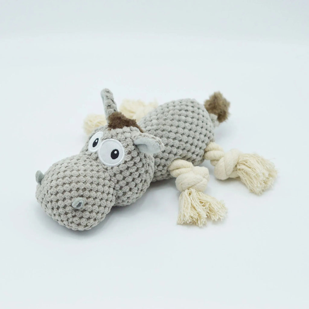 Grey donkey-shaped plush dog toy with creak sound mechanism measuring 27 cm long