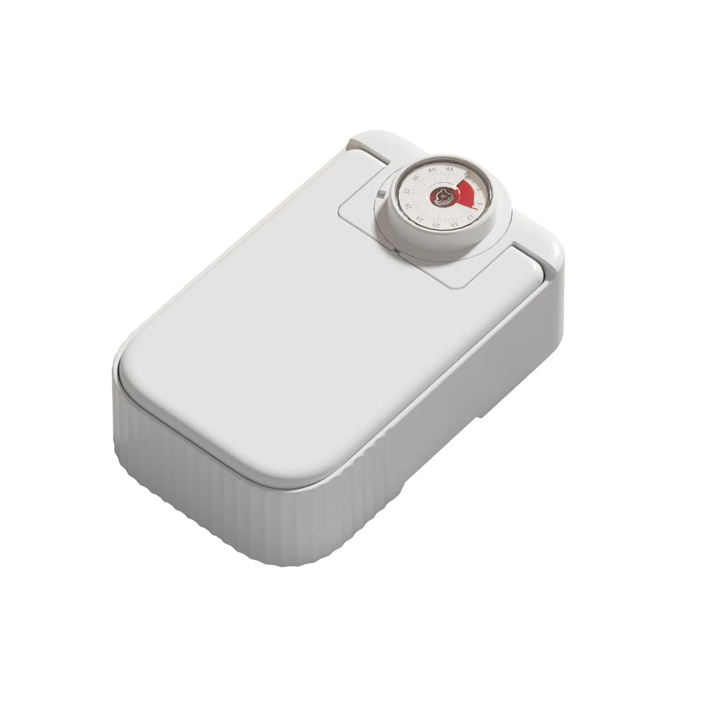 White pet automatic feeder with timer display and removable ice crystal cooling box underneath.