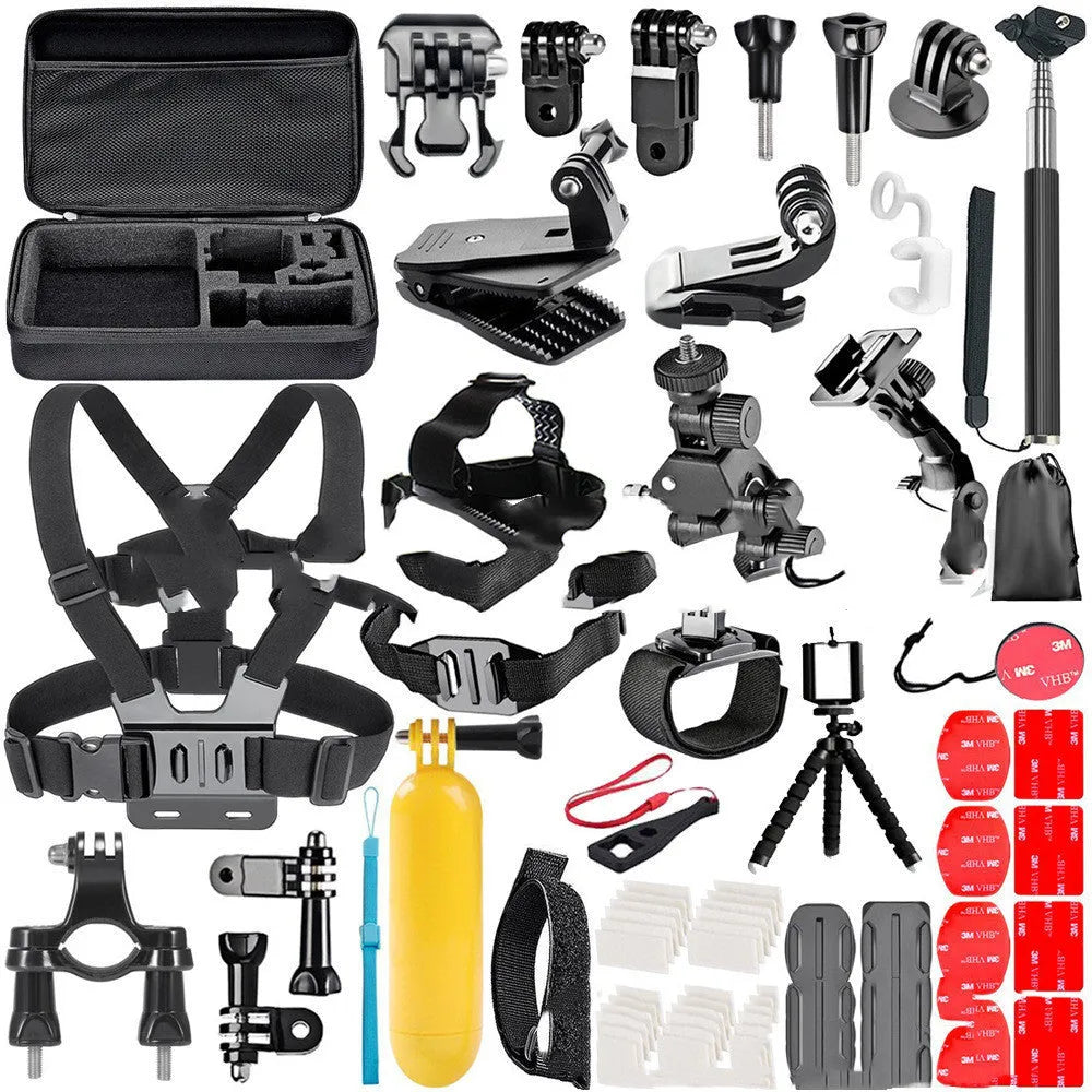 Black GoPro accessories set with chest strap, helmet mount, and tripod for Hero cameras