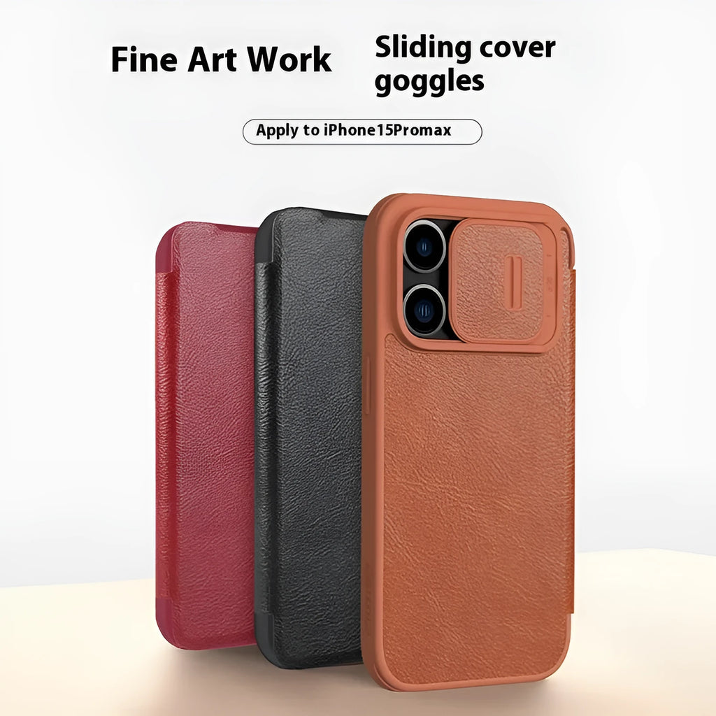 Imitation leather flip phone case for iPhone 15 in Black, Brown, and Red colours