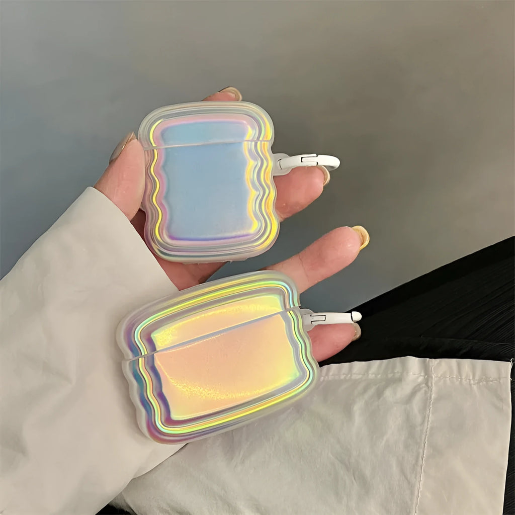 Magic laser silicone case for AirPods showing iridescent colour-changing finish on wireless earbud charging case