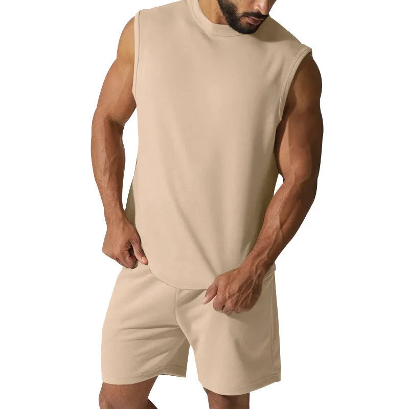 Men's sleeveless cotton blend sports suit set in multiple colour options with matching shorts