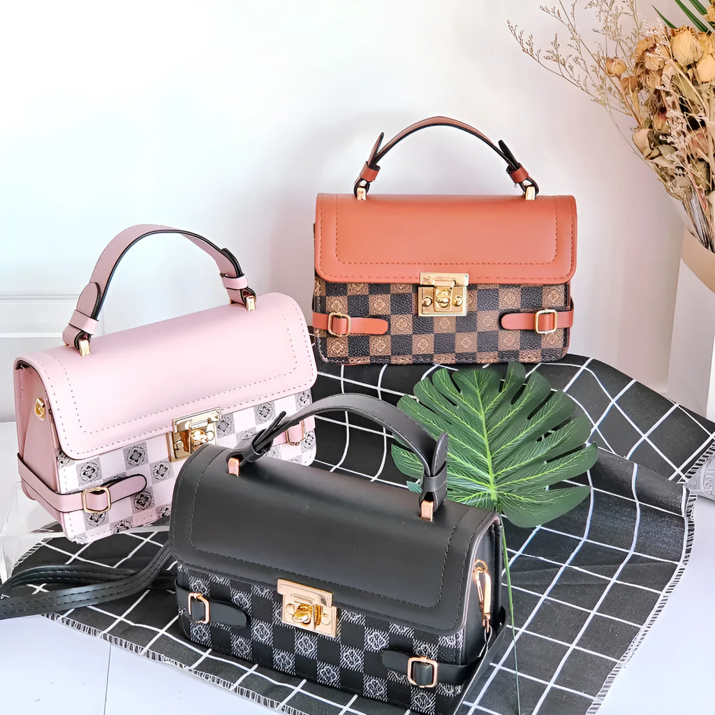 Small square retro crossbody bag in apricot PU leather with stitching and plaid patterns