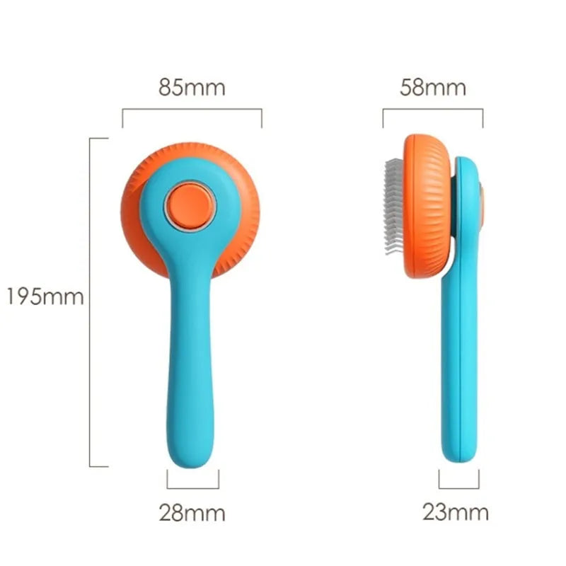 Blue and white self-cleaning pet grooming slicker brush with massage function for cats and dogs.