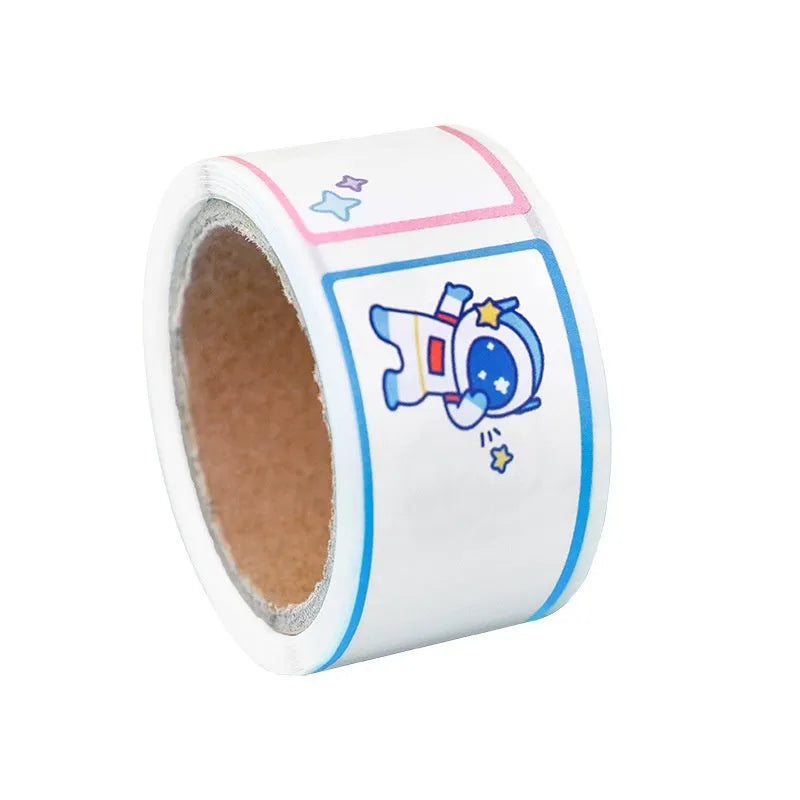 Roll of colourful cartoon name tape stickers showing dinosaur, astronaut, rabbit and girl designs
