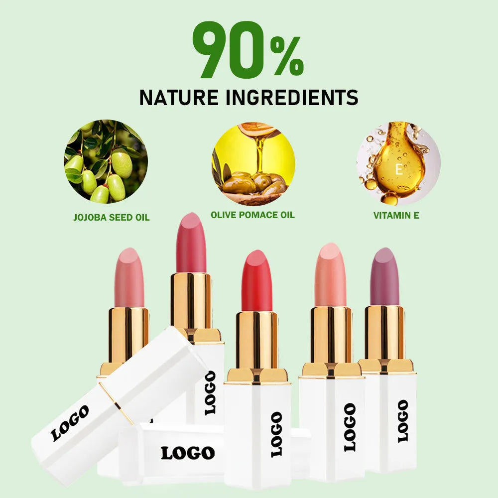 Matte finish lipstick bullet in one of 24 colours, showcasing waterproof and nonstick cup properties.