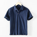 Men's loose fit button-up shirt in linen blend fabric, shown in milky white, navy blue, light grey, and sky blue.