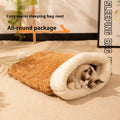 Pink, blue, and striped cat sleeping bag nests measuring 50 by 40 centimetres.
