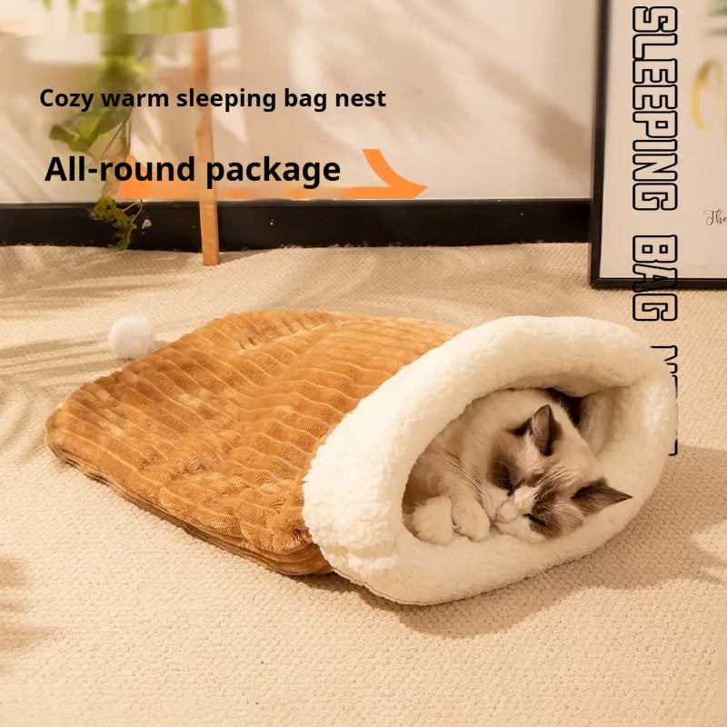 Pink, blue, and striped cat sleeping bag nests measuring 50 by 40 centimetres.