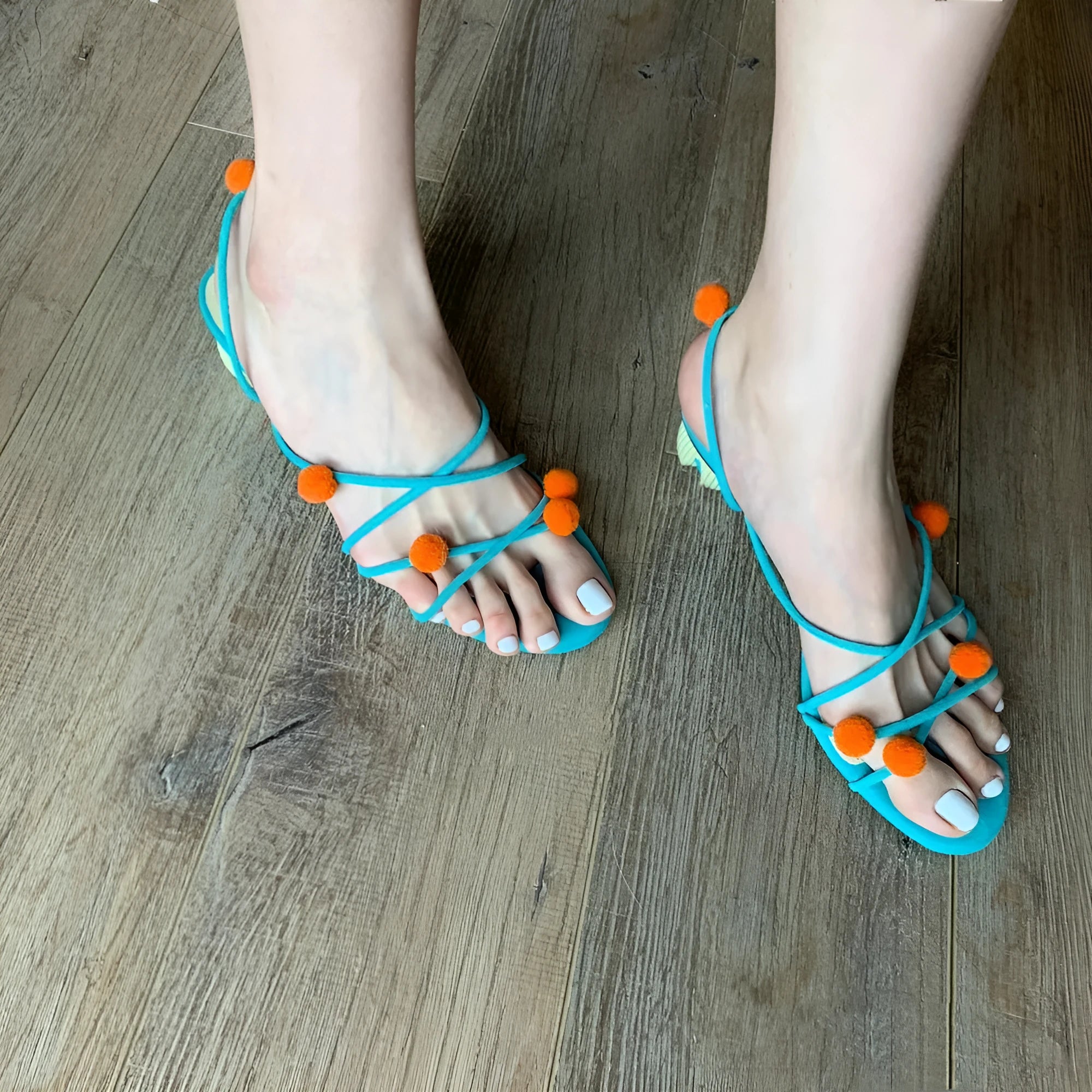 Cyan genuine leather lace-up high-heeled sandals with thin straps and open toe