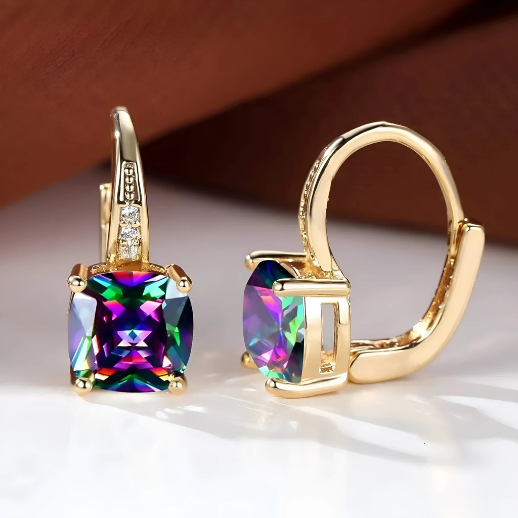 Geometric square ear clip with colourful moissanite inlay on electroplated copper background