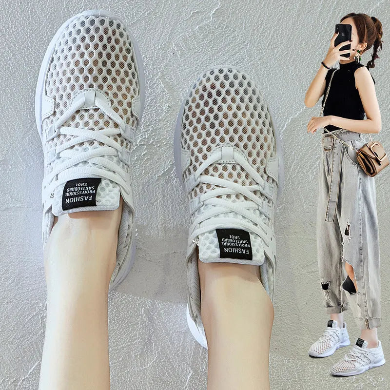 Hollow-out mesh sneakers with round toe and low-top design for summer casual wear