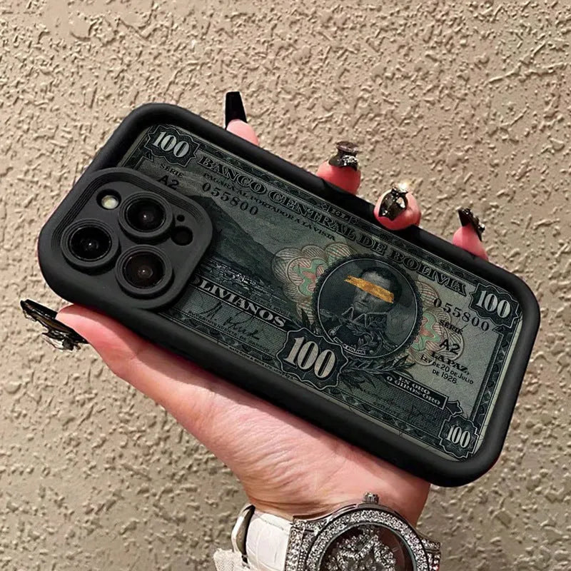 Black silicone phone case with dollar bill illustration for Apple iPhone, airbag anti-fall corners