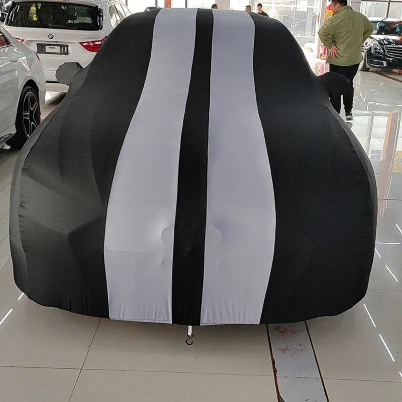 Ford Mustang car cover in elastic fabric with four-sided stretch construction