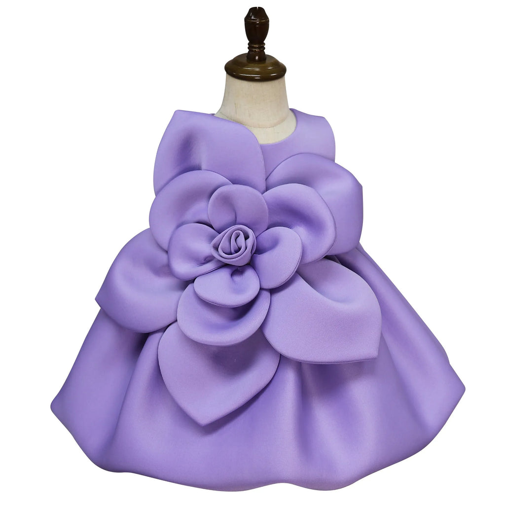 Purple solid colour dress with flower pattern for girls, acetate fabric, available in 90cm to 130cm heights