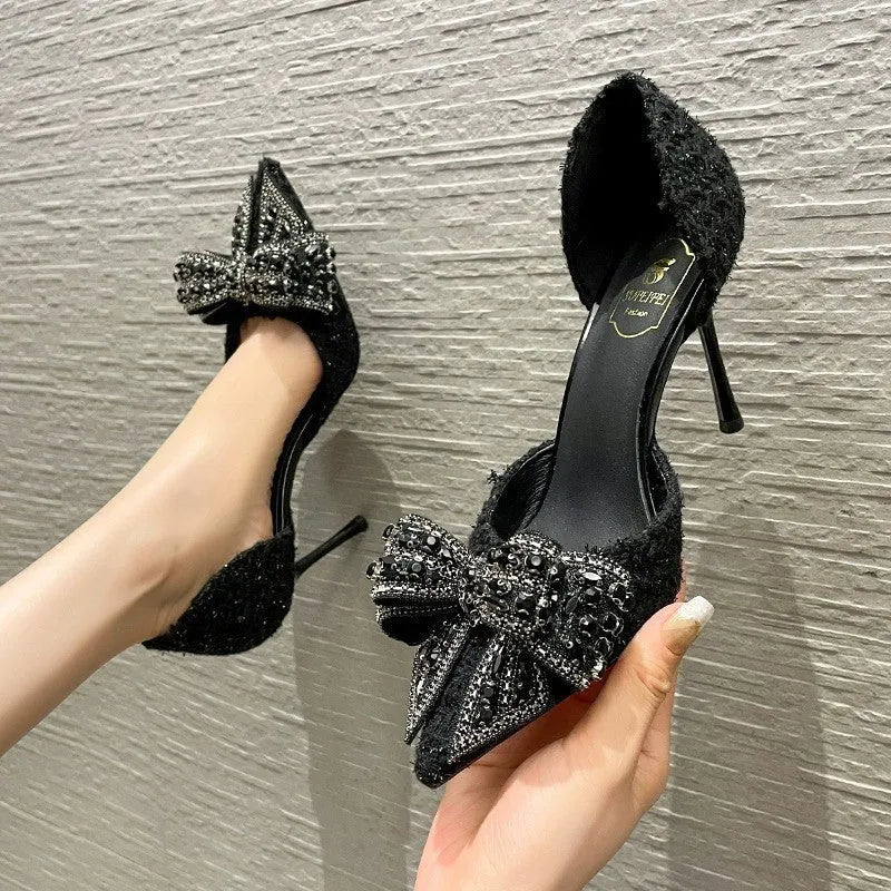 Women's solid colour PU stiletto high heel pumps in black with 8cm heel, side view