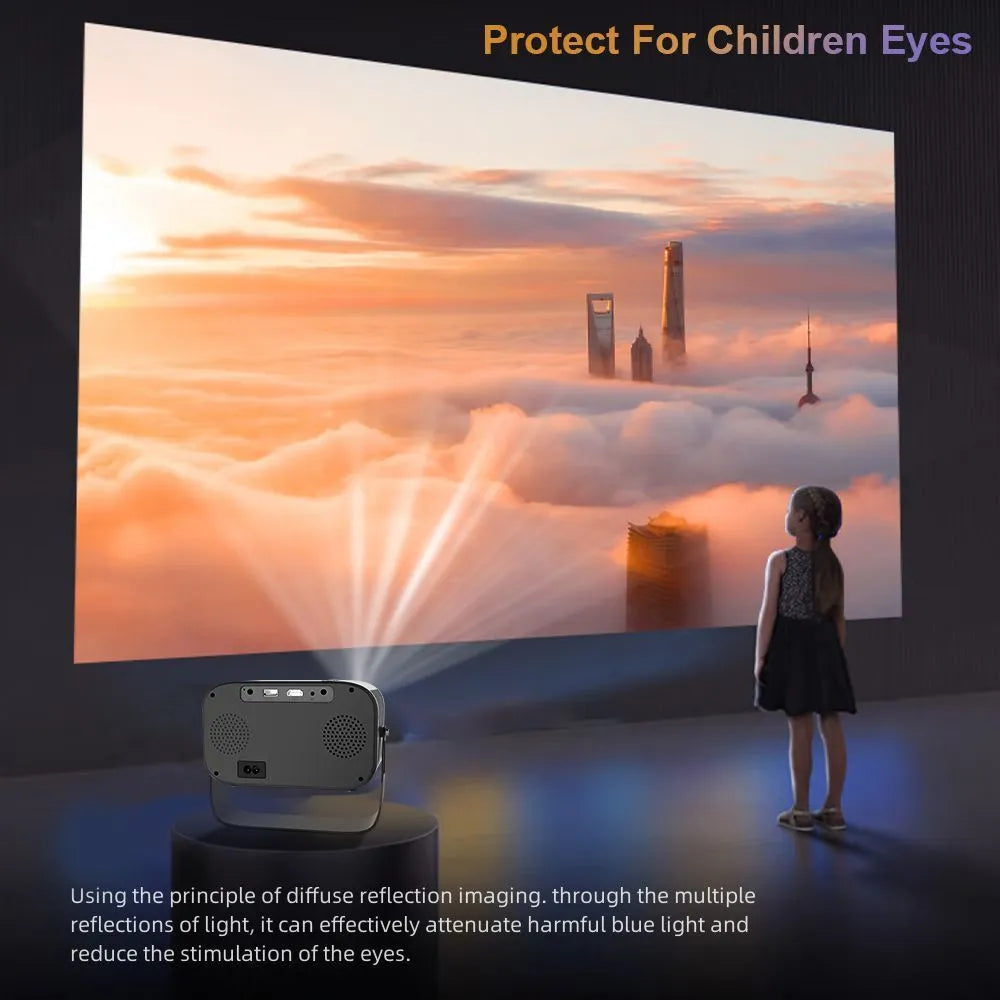 Black portable HD projector with Android OS showing 1280x720 resolution display