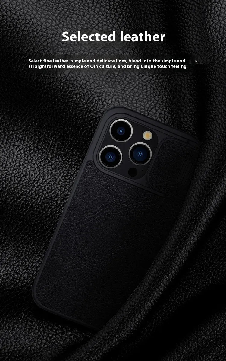 Imitation leather flip phone case for iPhone 15 in Black, Brown, and Red colours