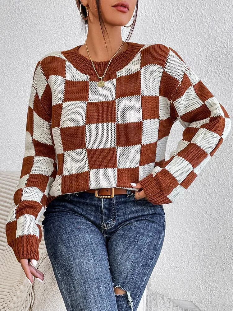 Dark brown acrylic pullover sweater with chessboard plaid pattern and loose fit