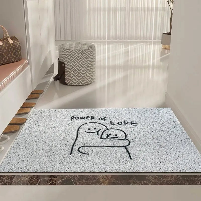 Square cartoon geometric pattern floor mat in Mr. Big Nose colour on a home floor.
