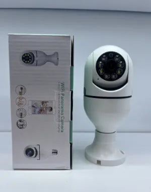Wireless wifi security bulb camera with plastic and metal construction for indoor and outdoor 1080p monitoring.