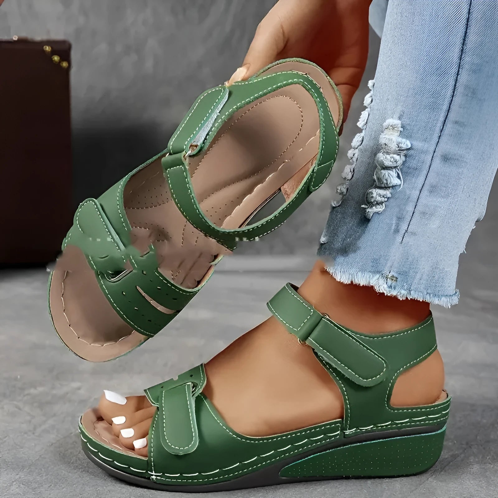 Beige plus size strap sandals with Velcro fastening and thick composite soles