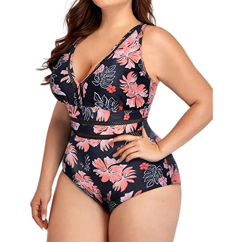 Black plus size women's polyester bikini swimsuit with printing pattern