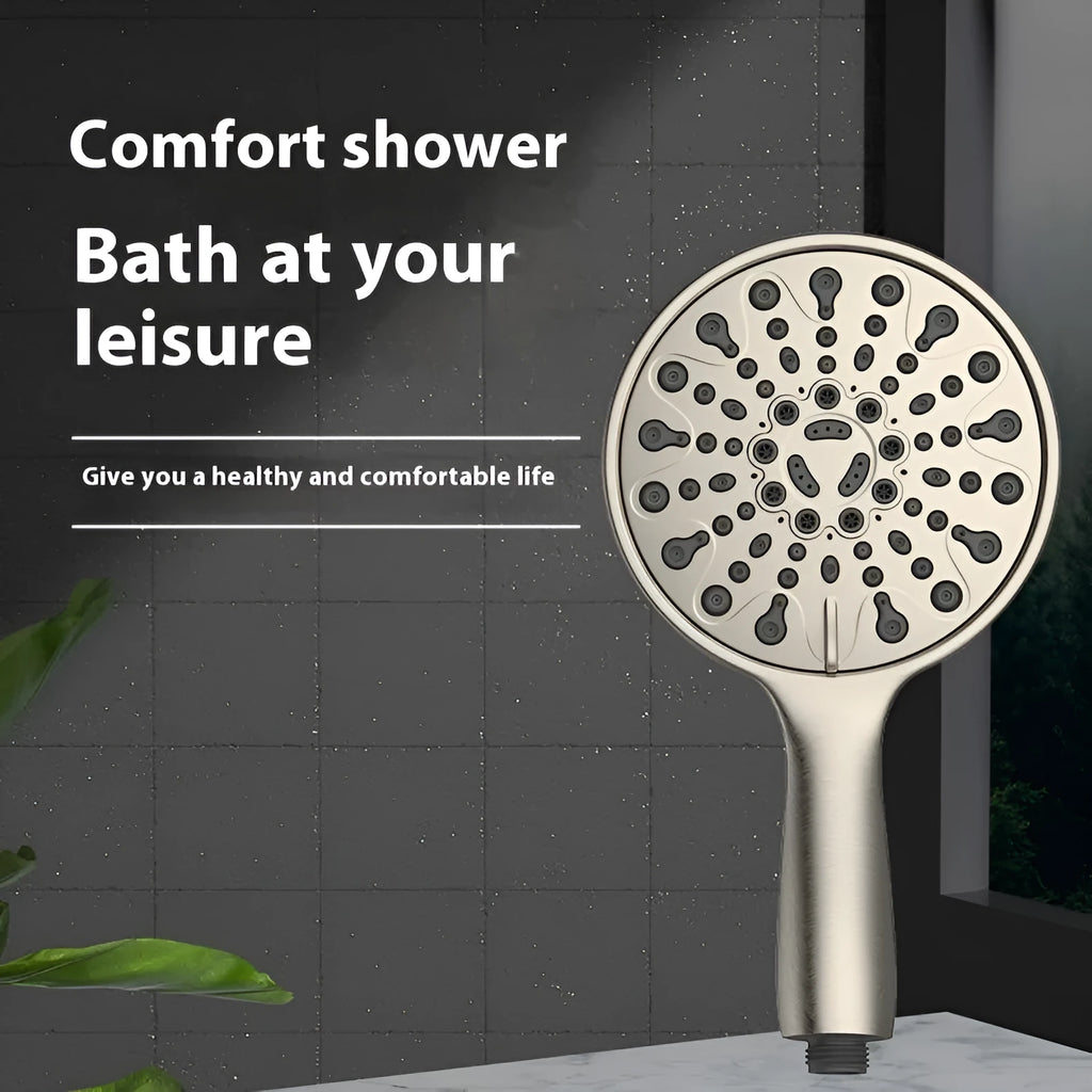 Six-function handheld shower head with electroplated finish, showing 6-inch diameter and American-style design.