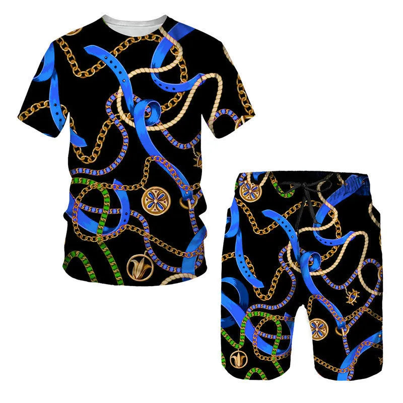 Men's chain pattern digital printed short sleeve t-shirt and matching shorts set