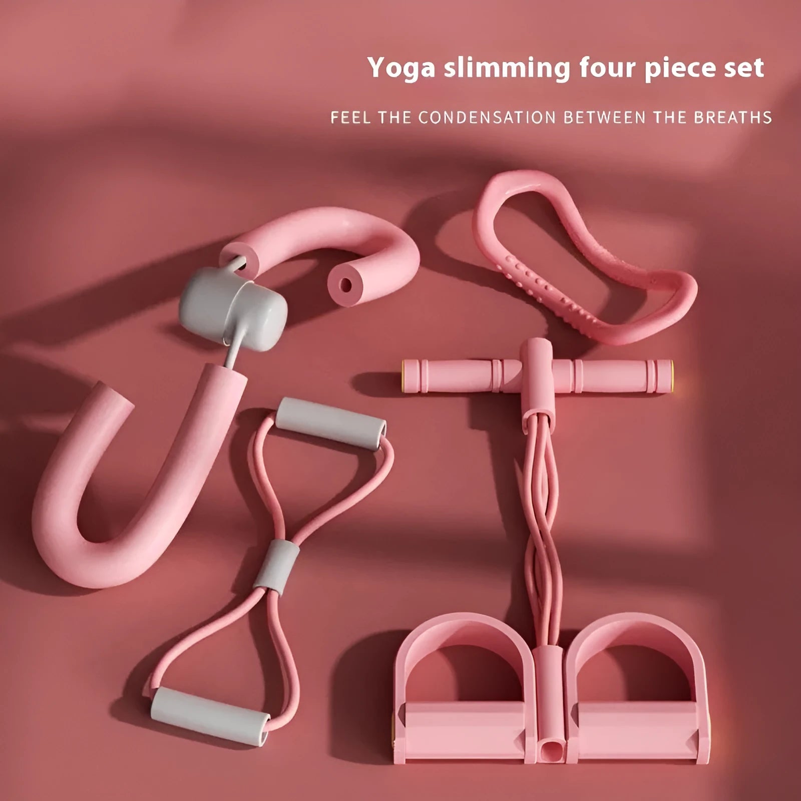 Four piece yoga fitness set showing leg stretcher, yoga ring, pedal puller and figure eight tension rope