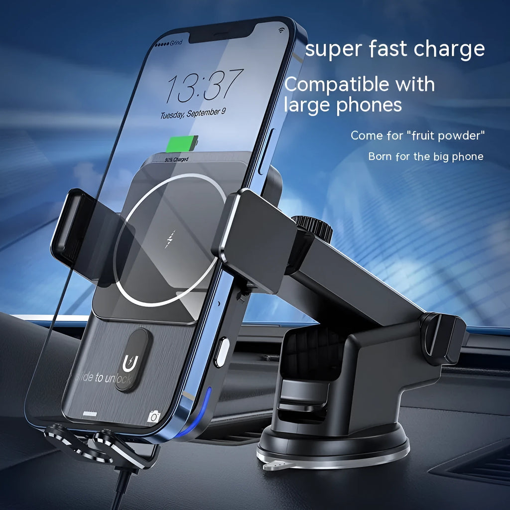 Black wireless charging car phone holder with 15W fast charging and clip or suction cup mount options.