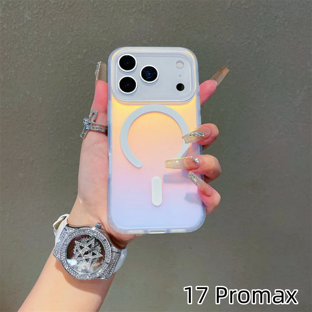 Laser gradient frosted magnetic back cover case for iPhone 17 series on a phone.