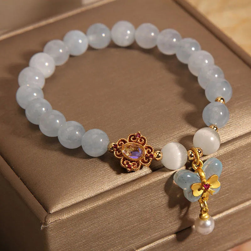 Women's aquamarine butterfly pendant bracelet with crystal rhinestones