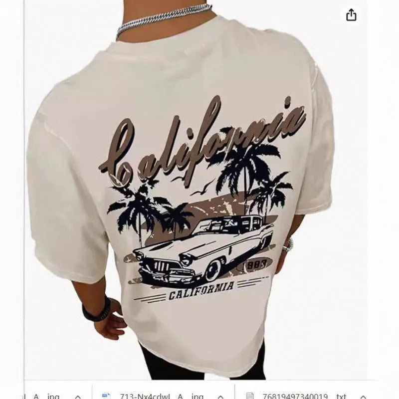 Men's short-sleeved printed streetwear T-shirt on a hanger, showing digital pattern design.
